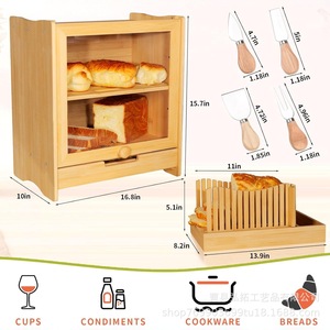 Boîte à pain en bambou Lin Zhuo à double couche avec porte en verre pour le rangement de la cuisine, couleur bois naturel - Product Image 2