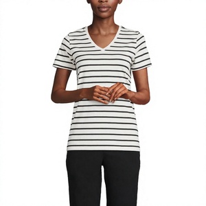 Camisetas de Verano a Rayas para Mujer, Cuello en V, Espalda en U, Manga Corta, 100% Algodón, Secado Rápido, Transpirables, Venta al Por Mayor de Fábrica, OEM, Personalizadas - Product Image 3
