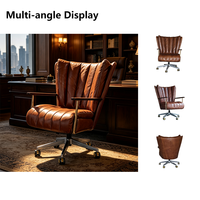 Chaise de bureau vintage à dossier haut en cuir véritable, pivotante, style exécutif, rétro, marron, avec accoudoirs en bois pour la maison, le bureau ou la salle d'étude.