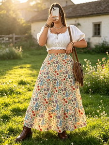 Nueva <span class=keywords><strong>Falda</strong></span> Maxi <span class=keywords><strong>Floral</strong></span> de Tallas Grandes Estilo Europeo-Americano 2026, <span class=keywords><strong>con</strong></span> Cintura Imperio, <span class=keywords><strong>Estampado</strong></span> Vintage, Transpirable, <span class=keywords><strong>con</strong></span> Lazos, Larga, de Corte A, que Estiliza la Figura - Product Image 2