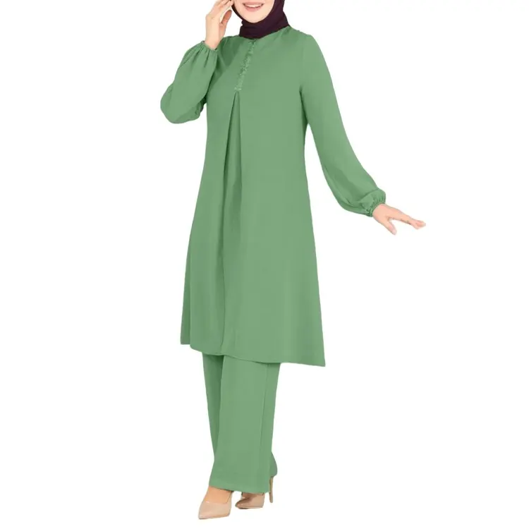 ใหม่สีทึบโพลีเอสเตอร์ Abaya ประดับด้วยเลื่อมเสื้อแขนยาวกางเกงชุดระบายอากาศผู้หญิงมุสลิมเจียมเนื้อเจียมตัวสูท kaftan