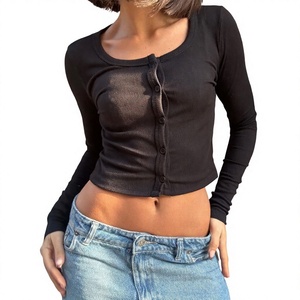 Cardigã Transfronteiriço Cropped de Manga Comprida com Botões e Detalhe na Cintura; Novo Tricô Canelado Europeu Americano Primavera/Verão 2026 - Product Image 1