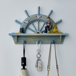 Mediterranean Style Wooden Ship Wheel Wall <b>Shelf</b> <b>With</b> <b>Hooks</b> For Home Decor Living Room Bedroom Entryway - Product Image 3