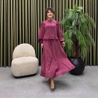 Set 2 Potong Warna Biru Debu Musim Gugur 2026 Grosir, Blus Kerah Mandarin Berumbai dan Rok Maxi A-Line yang Mengembang, Elegan untuk Wanita