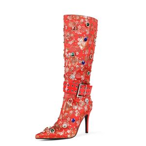 Size 45 Colorful Diamonds Side Zipper Women's Winter Western Knee High <b>Boots</b> Satin Upper Metal Buckle Super High Heels - Product Image 5