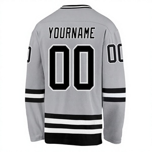 เสื้อฮอกกี้น้ำแข็งผู้ชายสั่งทำพิเศษ สีเทา ดำ ขาว ผ้าตาข่ายพิมพ์ลายแบบ Sublimation โพลีเอสเตอร์ 100% แขนยาว แบบสวม หมายเลขทีม ชุดยูนิฟอร์ม - Product Image 1