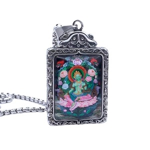 Colgante Thangka de Tara Verde, Collar con Bisel Rectangular de Acero Inoxidable para Hombre y Mujer, Regalo 216040 - Product Image 1