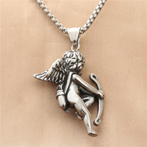 Pendentif ange Cupidon en acier inoxydable, collier pour hommes, design ailes rétro, bijoux cadeau - Product Image 2