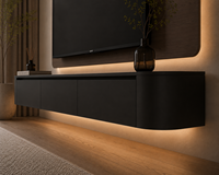 Meuble TV mural incurvé moderne avec éclairage LED intégré, finition noir mat, support mural suspendu avec lumière LED chaude