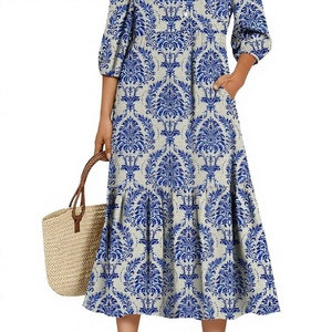Women <b>Summer</b> <b>Boho</b> Maxi <b>Dress</b> 3/4 Puff Sleeve O-Neck Paisley Print Cotton Loose Fit With Pockets Layered Hem Casual Daily Wear - Product Image 2