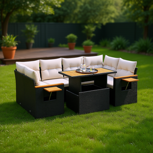 Ensemble de canapé de jardin en rotin noir 7 pièces avec accoudoirs réglables, mobilier d'extérieur au design contemporain, accents en bois de teck - Product Image 2