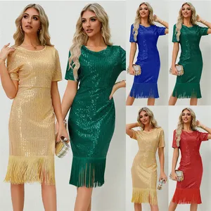 custom 2024 new arrivals luxury women blue yellow tight crystal sequin fringe short sleeve party long evening dress for women