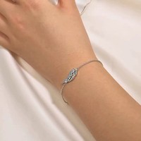 Bracelet Bohème en Argent S925 Aile d'Ange, Bracelet en Argent Sterling avec Zircon Bleu et Plume