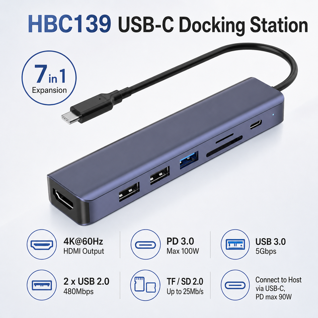 7-in-1 USB-C Dock PD 90W Upstream+100W Pass-Through for 4K*60Hz USB 3.0 SD/TF Card Reader Aluminum Case Laptop in Stock