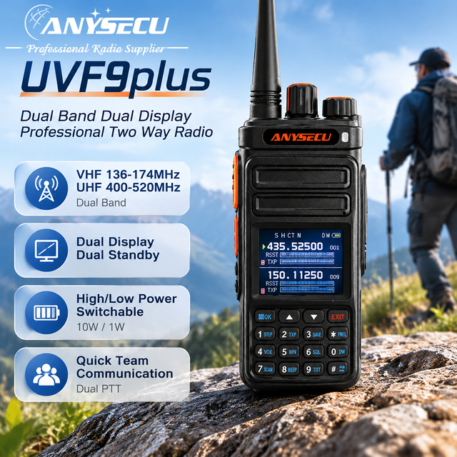 Anysecu UVF9plus Dual Band Two Way Radio VHF UHF 10W High Power Walkie Talkie Dual Display Long Range Communication Radio