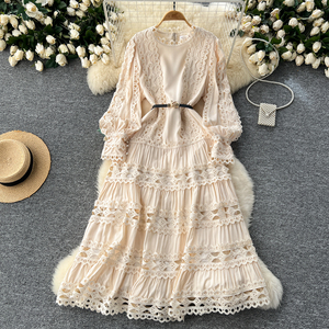 LE2618 all'ingrosso 2024 autunno abiti da donna eleganti Vintage manica lunga o-collo <span class=keywords><strong>in</strong></span> vita sottile a-line cavo <span class=keywords><strong>in</strong></span> <span class=keywords><strong>pizzo</strong></span> abito da donna - Product Image 4