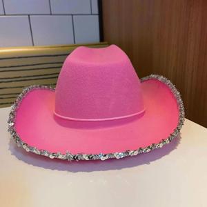Chapeaux de cowgirl western pour femmes et filles, chapeau Fedora à bord roulé avec décorations de sequins, chapeau de cowgirl rose scintillant - Product Image 5