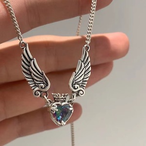 Vintage Distressed Retro Heart Crown Wing Collier Cadeau de vacances Bijoux Y2k Collier Bijoux Accessoires - Product Image 3