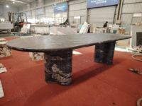 SH STONE pierre naturelle personnalisée 3m conception de luxe granit cosmique noir grande table à manger en marbre quartzite avec dessus en cuir moderne