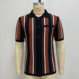 Camisa <span class=keywords><strong>Polo</strong></span> de Punto a Rayas Transpirable de Verano para Hombre, Camisas de Punto Informales de Manga Corta con Botones y Bolsillo - Product Image 5