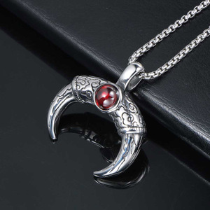 European American Style <b>Titanium</b> Steel Mayan Bull Horn Pendant With Ruby Bezel Setting Spike Themed Animal Zodiac Charm SP700 - Product Image 3