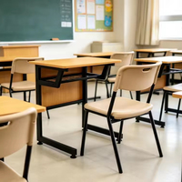 Ensemble de bureau et chaise d'école, structure en métal, plateau en bois, chaise et dossier en plastique, table d'étude, mobilier scolaire pour salle de classe