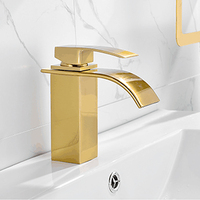 Robinet de lavabo de salle de bain à bec cascade en laiton doré, robinet de lavabo à poignée unique, robinet de lavabo à mélangeur