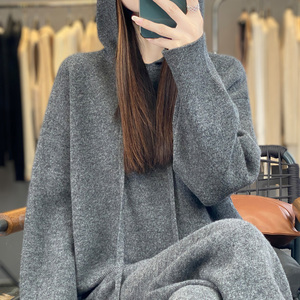 Customized Thickened Hooded Cashmere Knit <strong>Base</strong> Top and Wide-Leg Pants Two-Piece Set Youthful Wool <strong>Outfit</strong> - Product Image 2