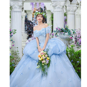Blue Ball Gown Wedding Dress Strapless Empire Waist Puffy Princess Style For Bridal Events And Coming Of Age Ceremonies - Product Image 1