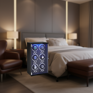 Remontoir de montre pour 6 montres mécaniques automatiques, coque en PU noir, lumière LED bleue, design moderne unisexe - Product Image 2