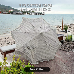 Sombrilla de Playa de Macramé de Cuerda de Algodón Tejida a Mano, Diseño Contemporáneo Personalizado, con Borlas Hechas a Mano, Plegable, Ecológica, para Exteriores - Product Image 2
