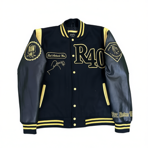 Blouson Bomber Homme Personnalisé en Satin Noir, Col Montant, Broderie Frontale, Patchwork, Faible MOQ, 100% Laine, Haute Qualité, Vente en Gros - Product Image 1