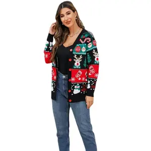 Cárdigan personalizado para mujer, suéter de Navidad jacquard con cuello en V para Europa y América, suéter de Navidad de punto de un solo pecho