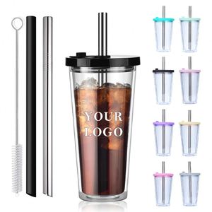Cross-border Promotional Double-layer Plastic <b>Cups</b> <b>with</b> <b>Lid</b> <b>and</b> <b>Straw</b> Transparent Plastic Water Bottle 16OZ Drink <b>Cup</b> <b>with</b> logo - Product Image 1