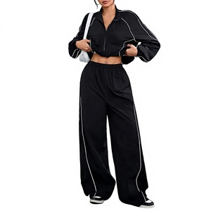 Women's <b>Black</b> Sporty 2-Piece Set Full <b>Sleeve</b> <b>Crop</b> Top With Side Stripe Loose Fit Pants All Seasons Breathable Knitted Wear - Product Image 1
