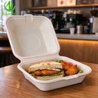 Boîte à hamburger carrée SUMKOKA de 6 pouces sans PFAS en bagasse, jetable et compostable, en canne à sucre, avec couvercle à charnière pour plats à emporter