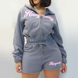 カスタム高級クロップドジップアップフーディーとジョガーパンツセット、2ピース衣類パンツセット、ゆったりとしたテックフリース素材のトラックスーツ（女性用） - Product Image 4