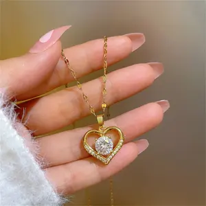 Ouj Golden Heart Crystal Pendant Stainless Steel Gift for Her Mothers Day Gift for Love Woman's Jewellery Anniversary Gift