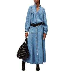 Conjunto de Dos Piezas Casual y Elegante de Verano para Mujer, Falda con Estampado Sólido y Blusa de Manga Larga, Conjunto de Mezclilla - Product Image 1