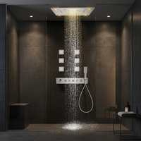 Système de douche thermostatique intelligent LED de luxe en laiton avec panneau de douche rectangulaire effet cascade et robinet