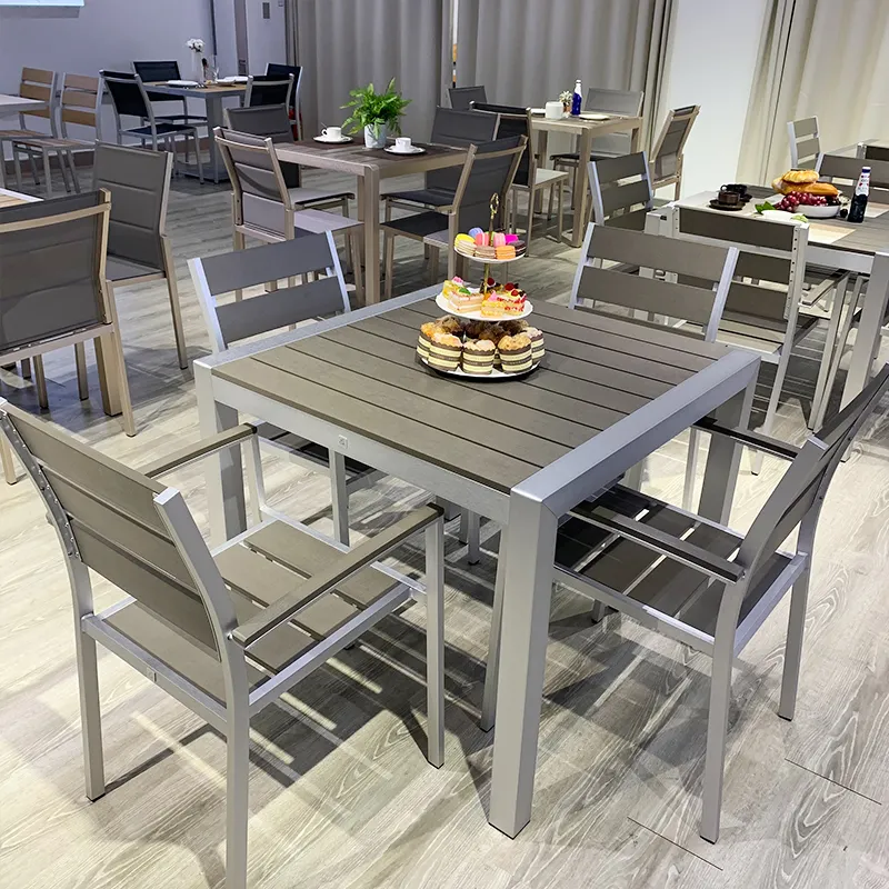 Conjunto de mesas e cadeiras para exterior, móveis de madeira e alumínio escovado para restaurante, churrasco e pátio, marca Coets
