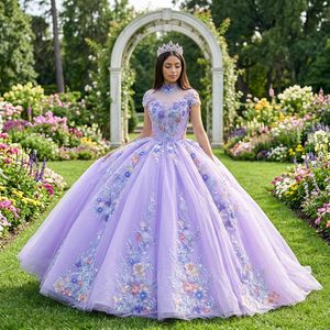 Vestido de Fiesta Lila de Lujo Dy6964, Vestido de Gala Maxi de Gasa con Cintura Natural, Escote Corazón, Estilo Vintage, Vestidos de Quinceañera para Niñas con Apliques - Product Image 1