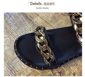 Sandales de plage d'été pour femmes, double bande, chaîne dorée, rivets, tongs rétro, grandes tailles - Product Image 3