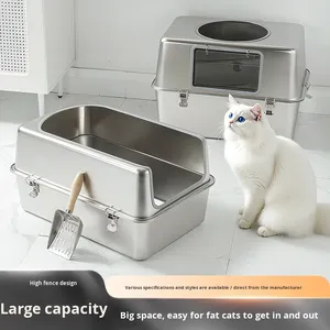 Bac à litière pour chat en acier inoxydable extra large de 80 L - Conception semi-fermée avec clôture haute anti-éclaboussures, toilette pour animaux de compagnie écologique - Product Image 5