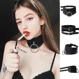 HY jinlong new personality exaggerated punk style O-ring collar necklace PU leather choker neck set