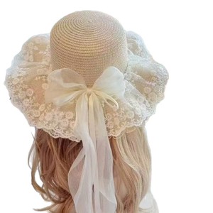 Sombrero de Paja con Adorno de Encaje y Lazo, Sombrero de Playa Flexible para Mujer, Accesorio de Moda de Verano - Product Image 3