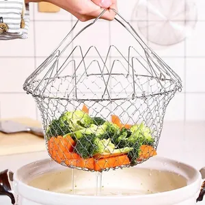 French Fry Basket Foldable Multi-functional Cheap Stainless Steel Chef Basket Kitchen Basket With Chain