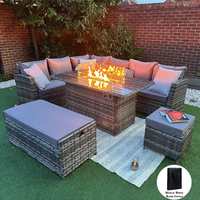 Luxus Rattan Outdoor Ecksofa Set Terrassen möbel Garten Gas Feuerstellen Tisch außerhalb Metall Stahl Modern 9 Stück Patio Set