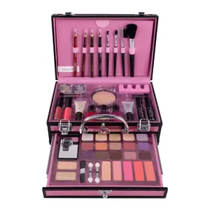 Set Makeup kotak merah muda dengan lipstik kuas Gloss Foundation Eyeshadow Makeup set kotak kosmetik