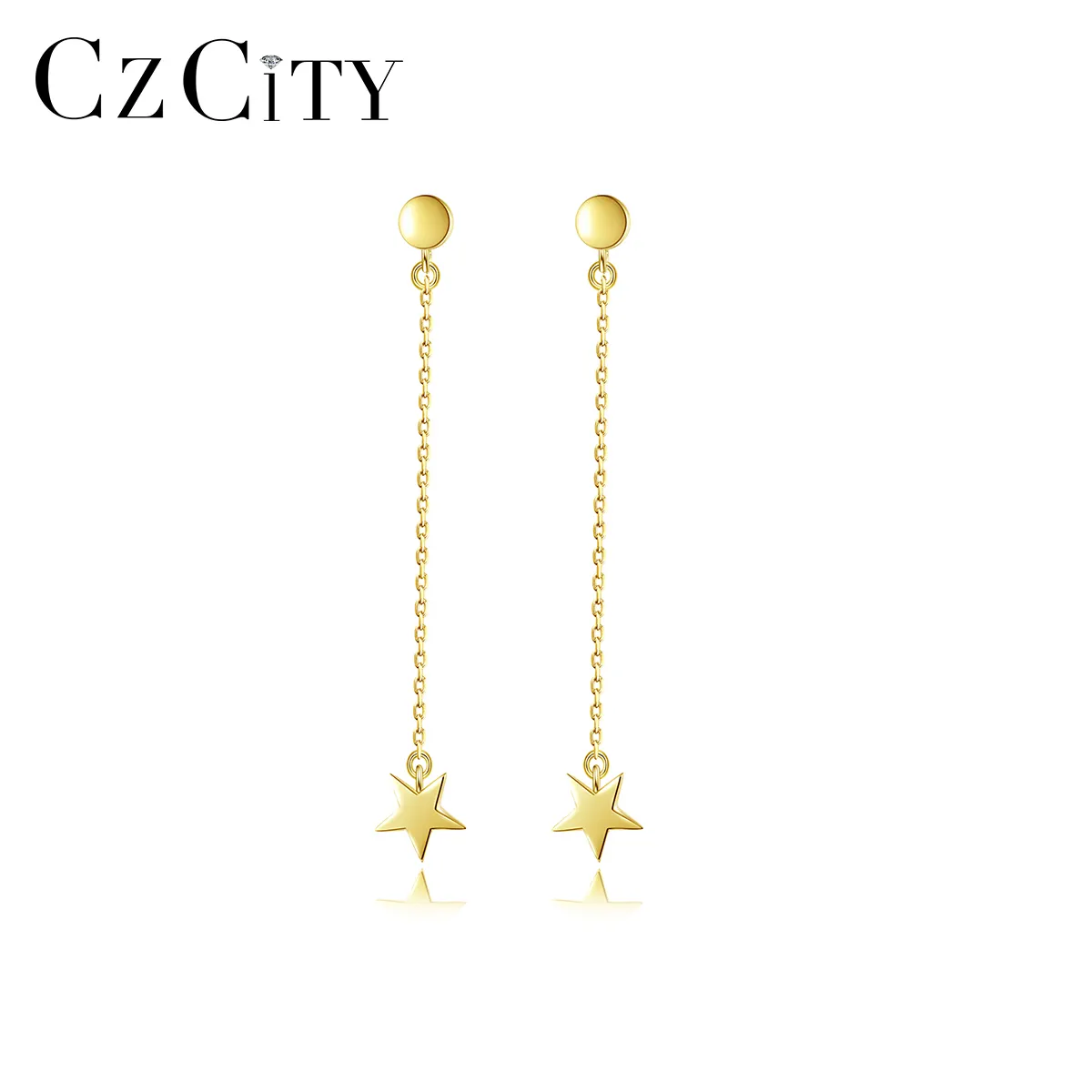 CZCITY Thread Chain 925 Gold Plated Hanging Star Moon And Huggie Silver Earring